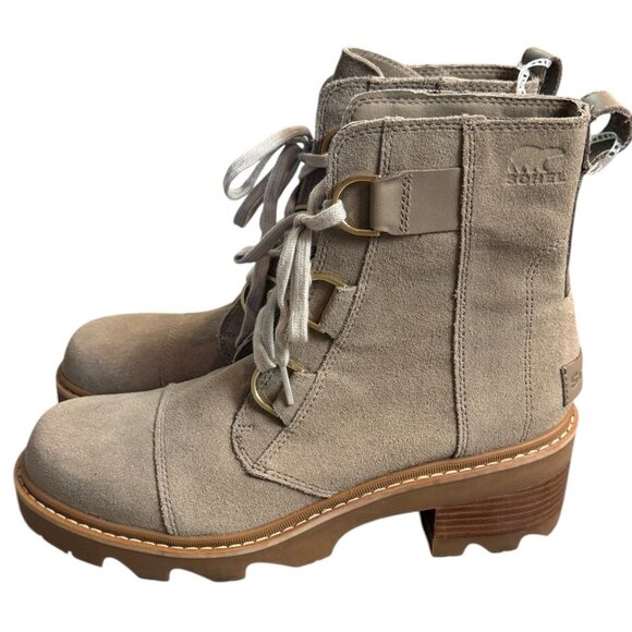 SOREL Joan Now Size 11 Lace-Up Suede Lug Sole Platform Booties Taupe - Picture 4 of 11